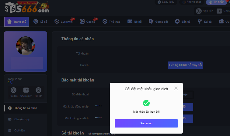 Mật khẩu rút tiền S666